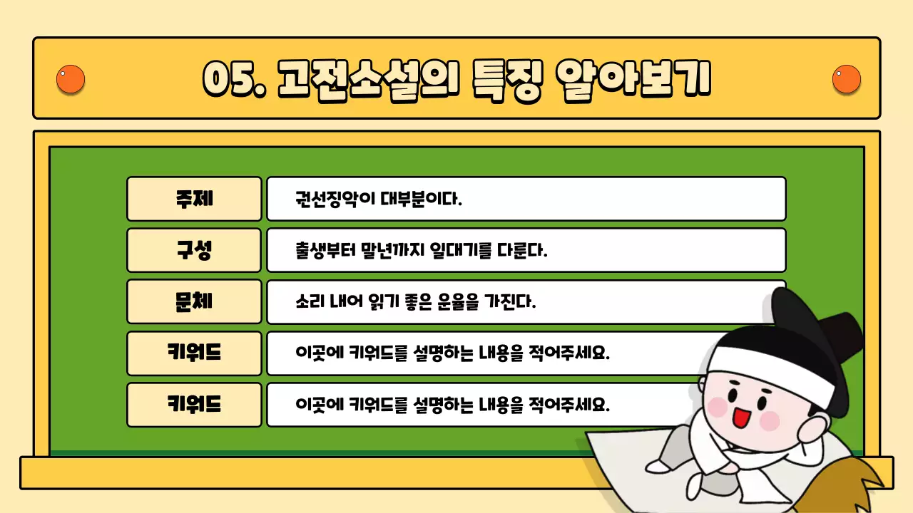 초록색과 노란색의 칠판 컨셉의 홍길동전 국어 수업