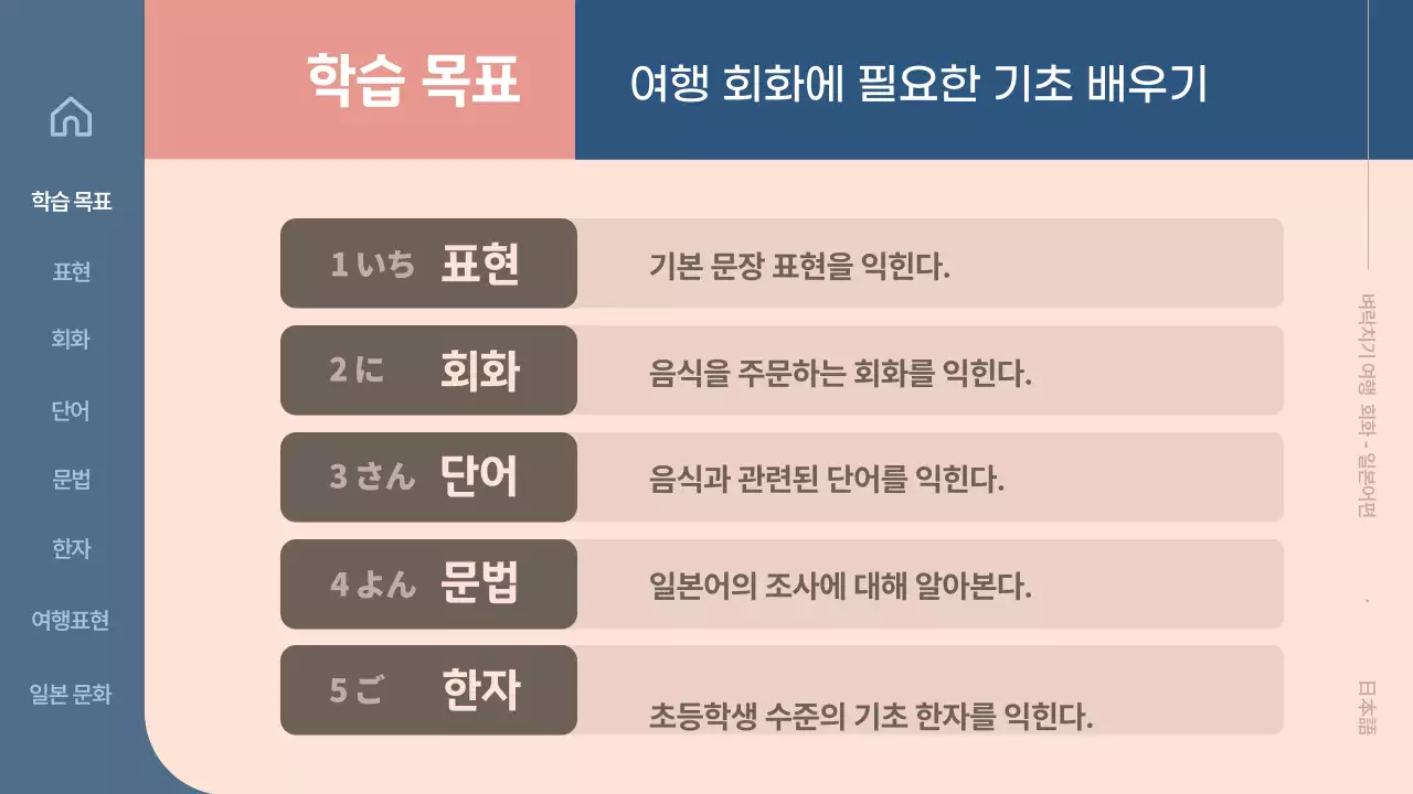 베이지 색 배경에 도형과 텍스트로 심플하게 활용하기 쉬운 일본어 교육 자료