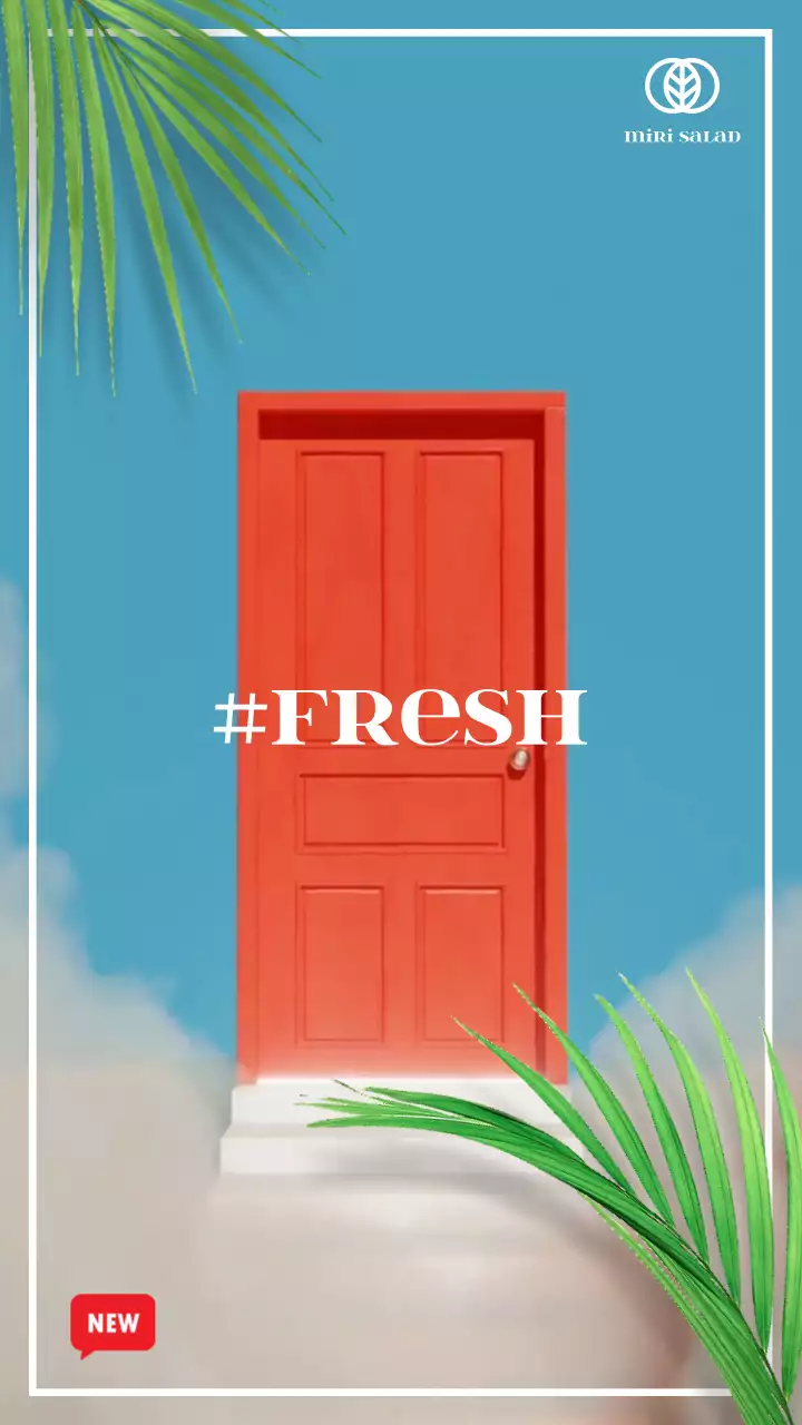 하늘색과 초록색 트로피칼 컨셉의 문이 열리는 음식점 샐러드 신메뉴 광고