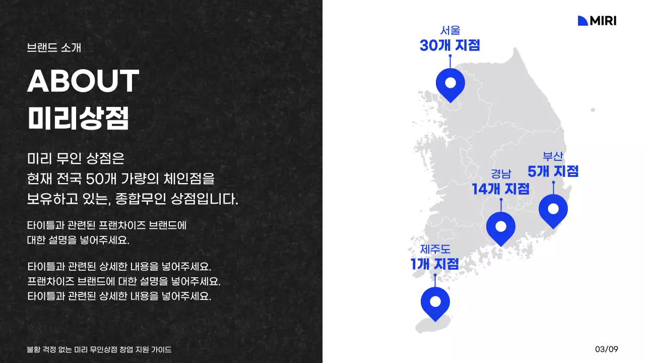 화이트와 블루 블랙의 컬러와 그리드레이아웃의 미리무인상점 창업지원 가이드