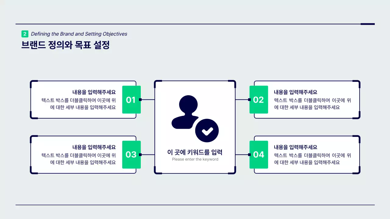 초록색과 남색의 미니멀한 포인트 도형의 브랜드 전략 프레젠테이션 키트