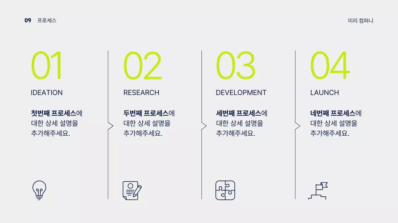 남색과 연두색의 모던한 비즈니스 발표용 회사소개서