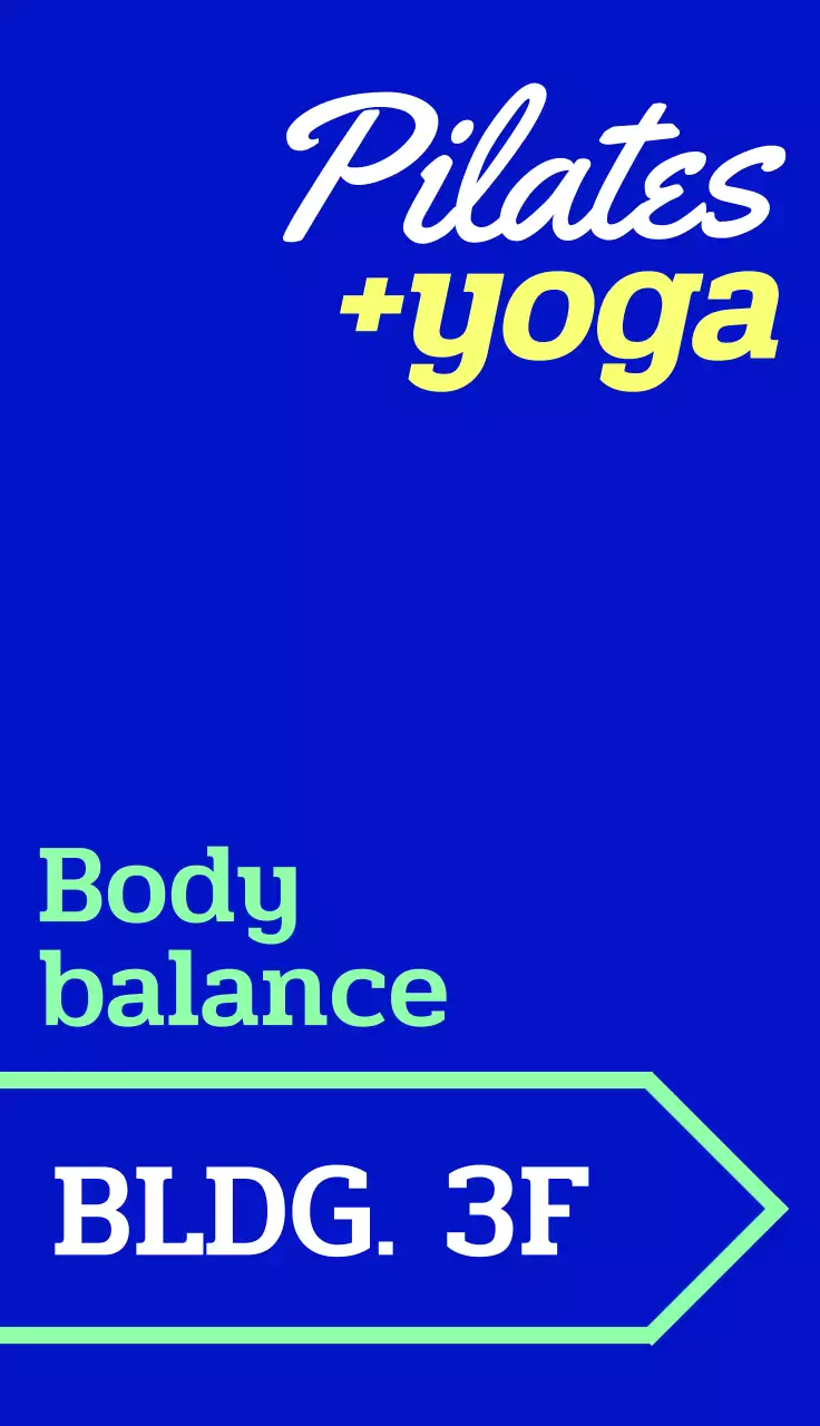 컬러풀한 색감의 요가 필라테스 관련 텍스트와 화살표 모양 도형으로 이루어진 힙한 감성의 홍보 입간판