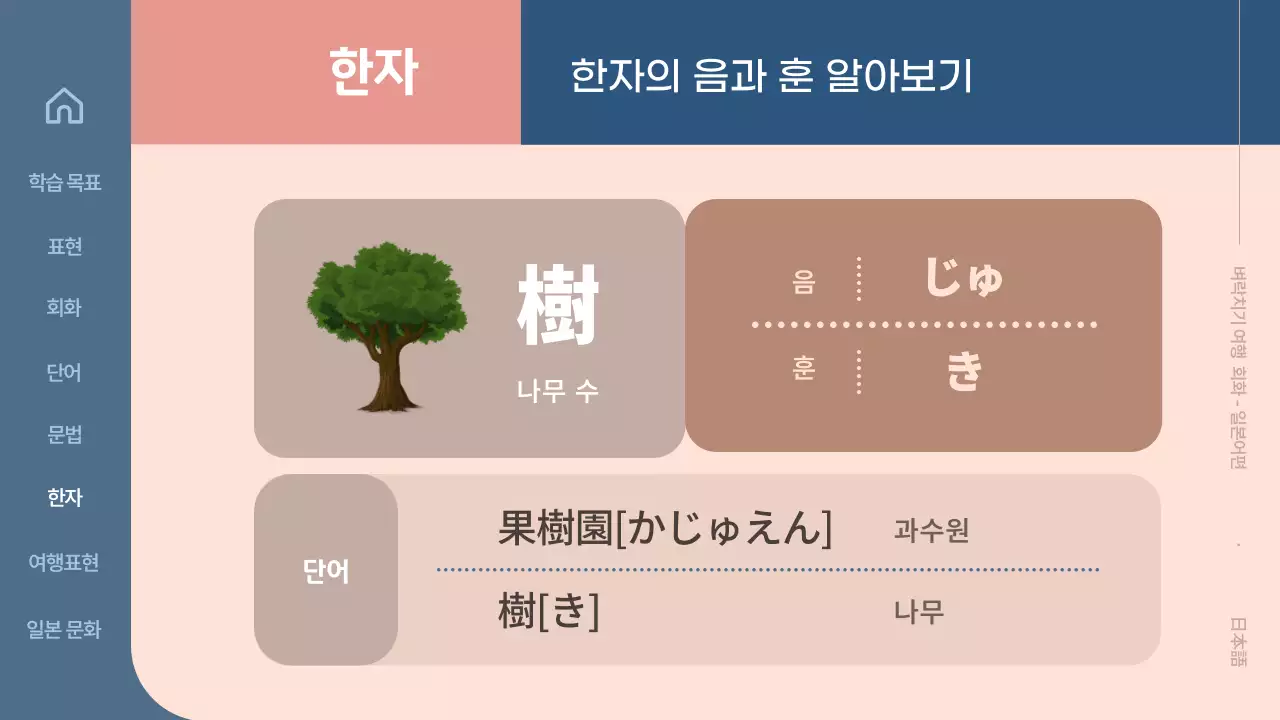 베이지 색 배경에 도형과 텍스트로 심플하게 활용하기 쉬운 일본어 교육 자료