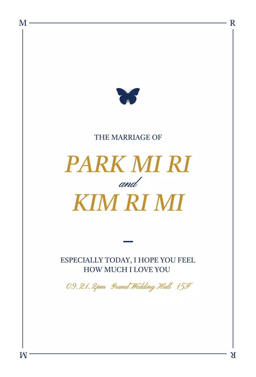 흰색과 남색의 나비 일러스트가 있는 고급스러운 디자인의 청첩장 디자인