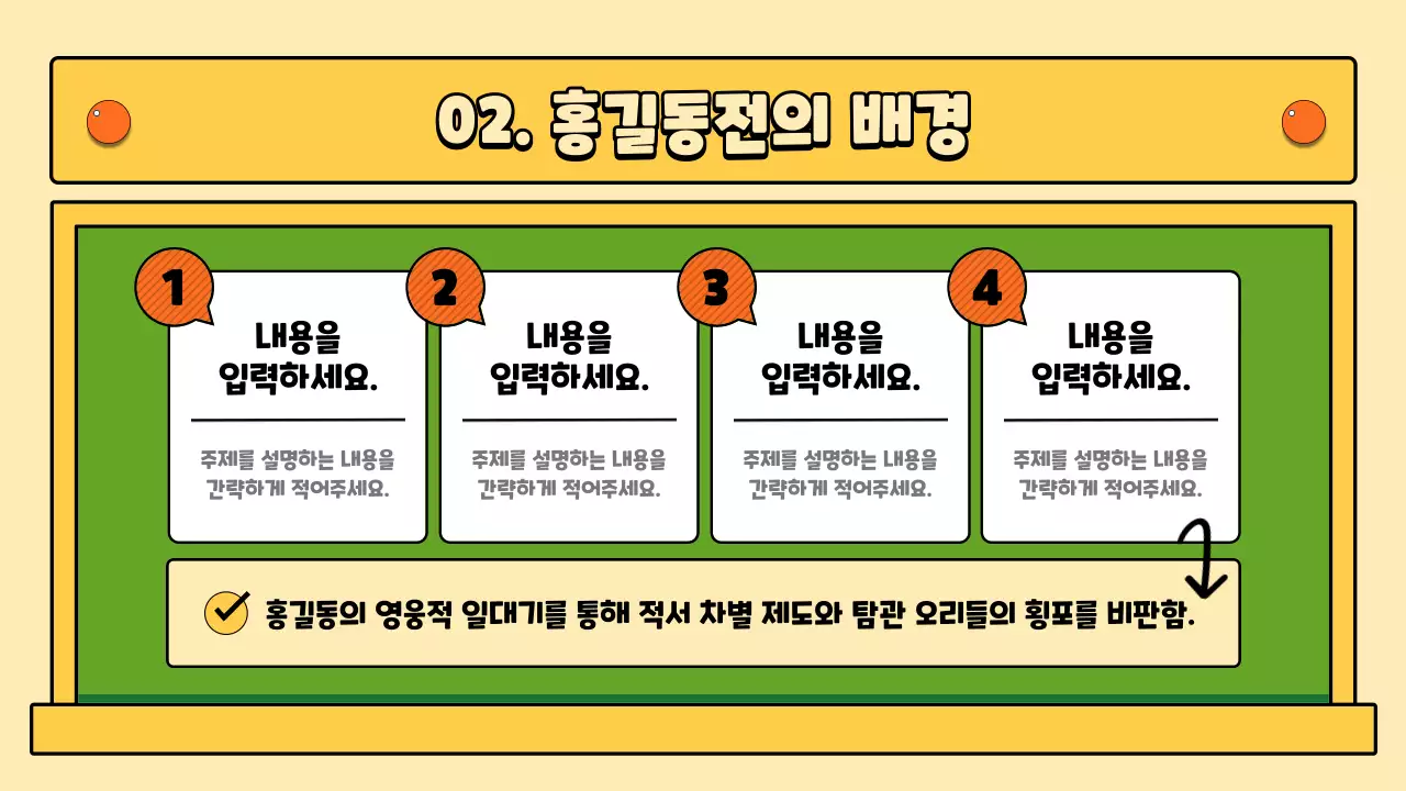 초록색과 노란색의 칠판 컨셉의 홍길동전 국어 수업