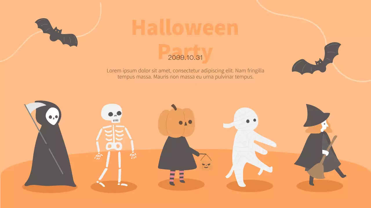 의상과 박쥐가 있는 오렌지색 할로윈 파티 스타일 템플릿