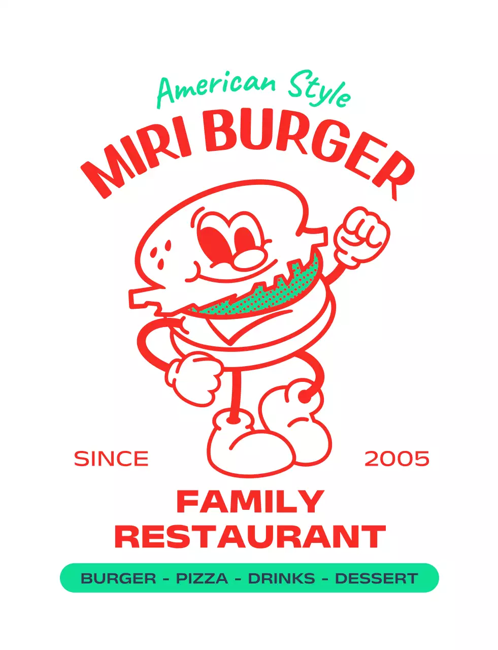 アメリカンスタイルのハンバーガーのキャラクターが入ったロゴ