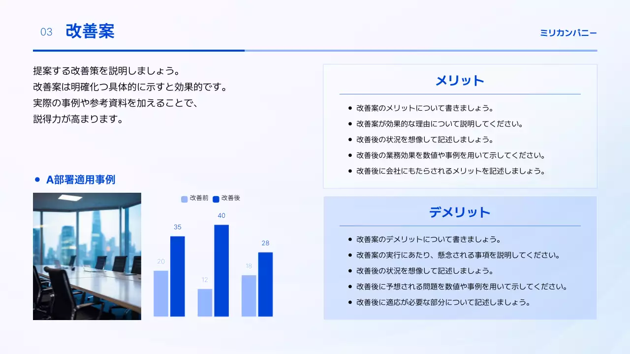 青 シンプル 業務改善 提案書 プレゼンテーション
