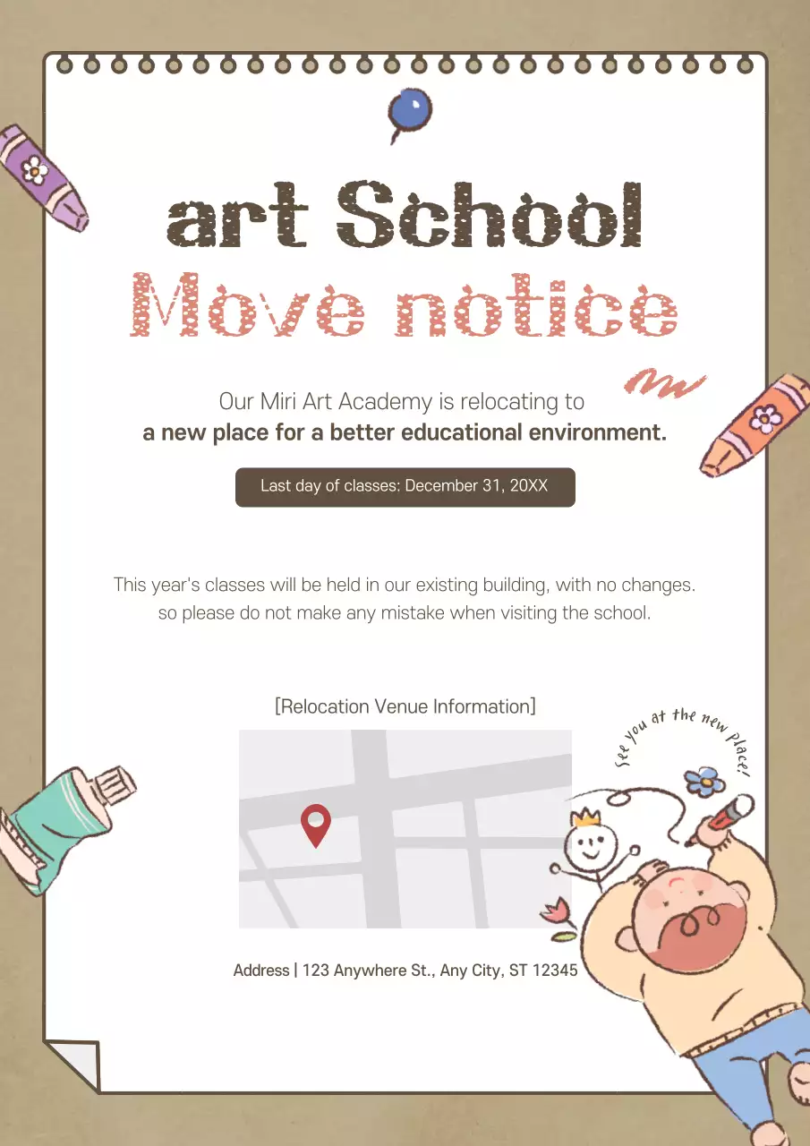Art school relocation letter with cute illustrations