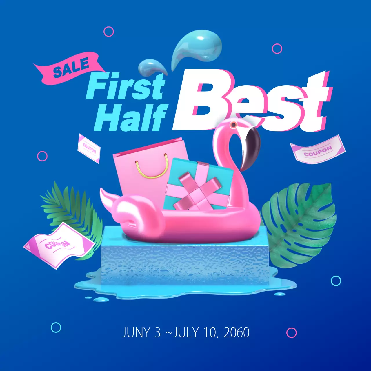 Blue pink colorful fluorescent 3D summer graphic concept for end of year promotions