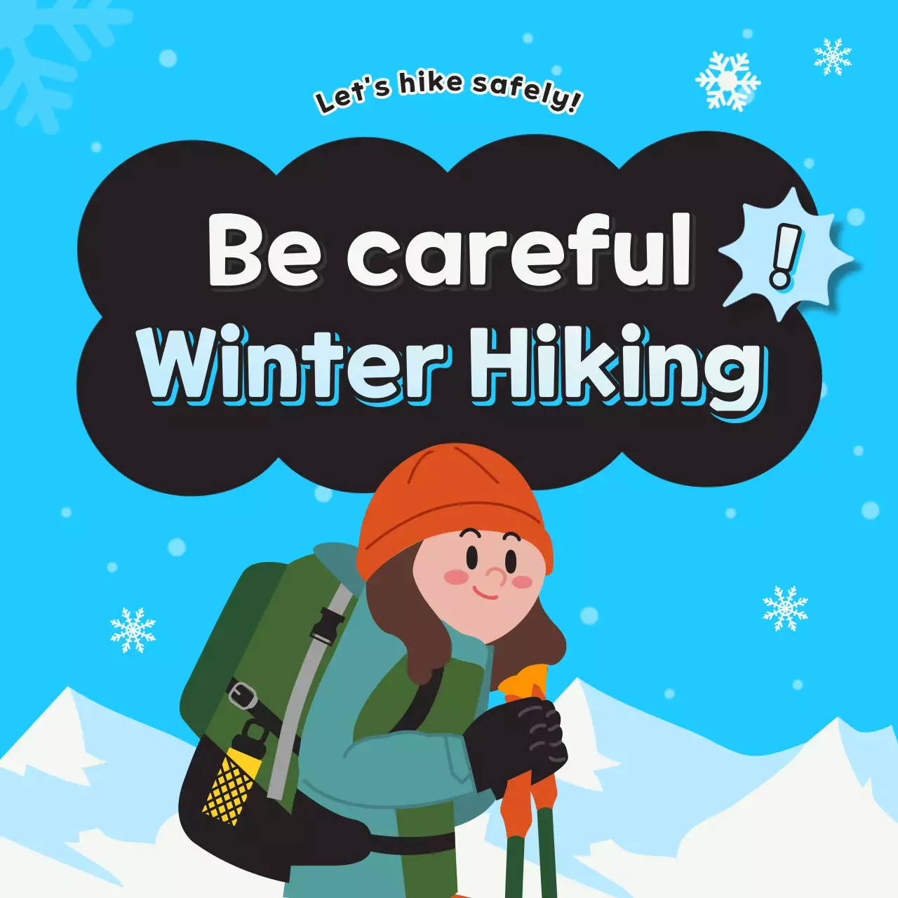 Illustration of a safe winter hike with a light blue background (Instagram feed post)