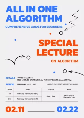 Promote an algorithms course with a red-blue title on a gray background