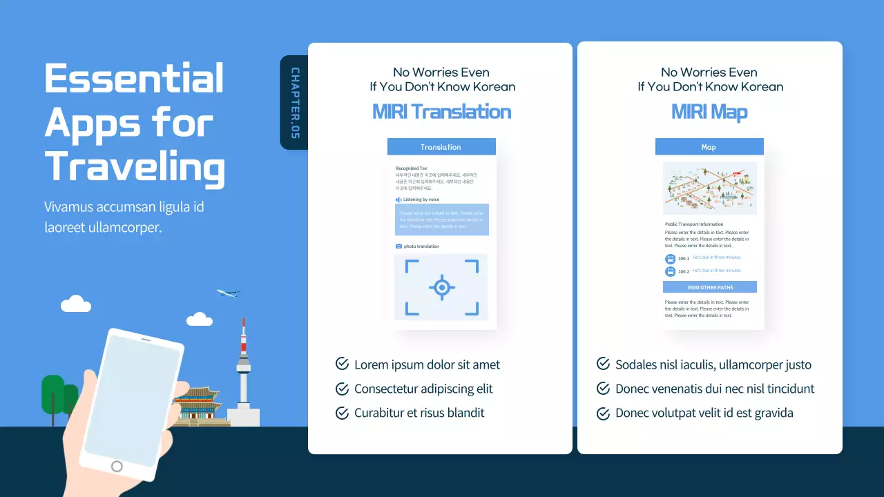 Blue and navy blue illustrated South Korea travel guide