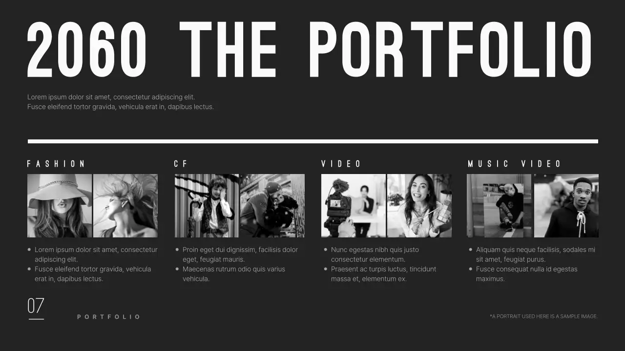 A clean and modern modeling agency company profile in black.