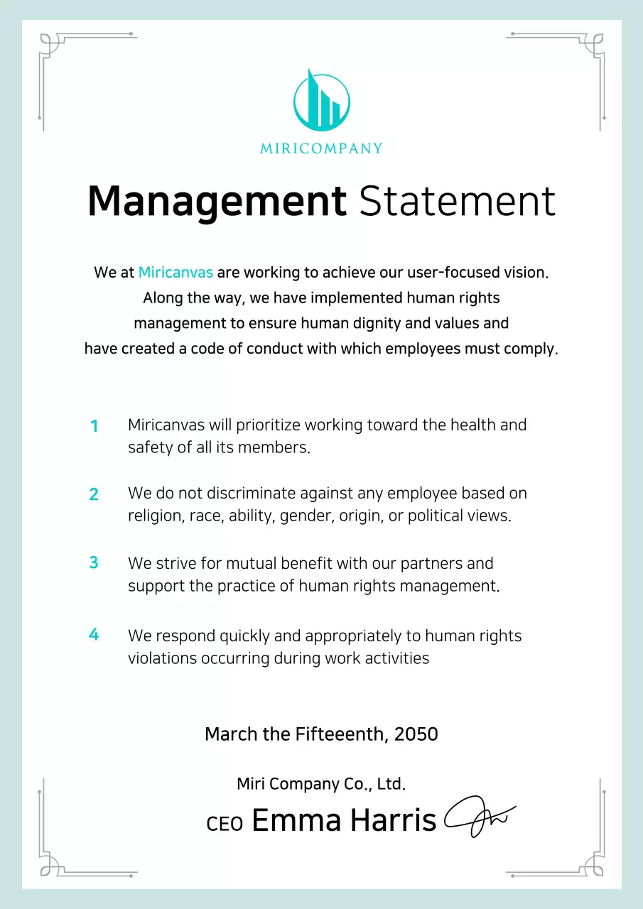 A clean business statement in black and mint