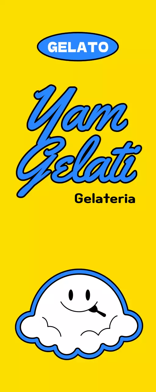 Promote a cute concept gelato shop with yellow and blue ice cream character illustrations.