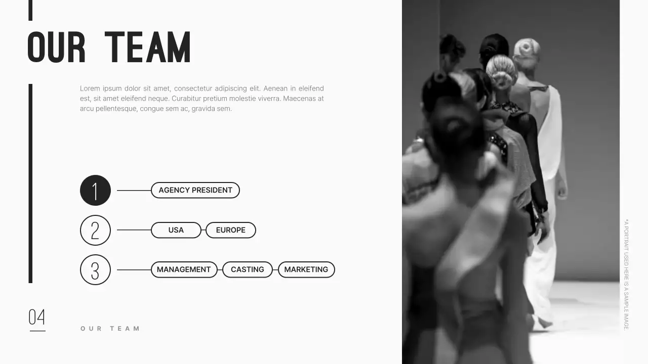 A clean and modern modeling agency company profile in black.