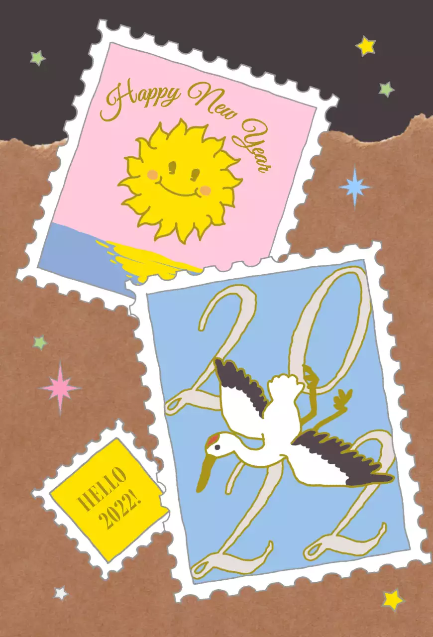 New Year's stamp collage with cute illustrations in pink, light blue, and brown.