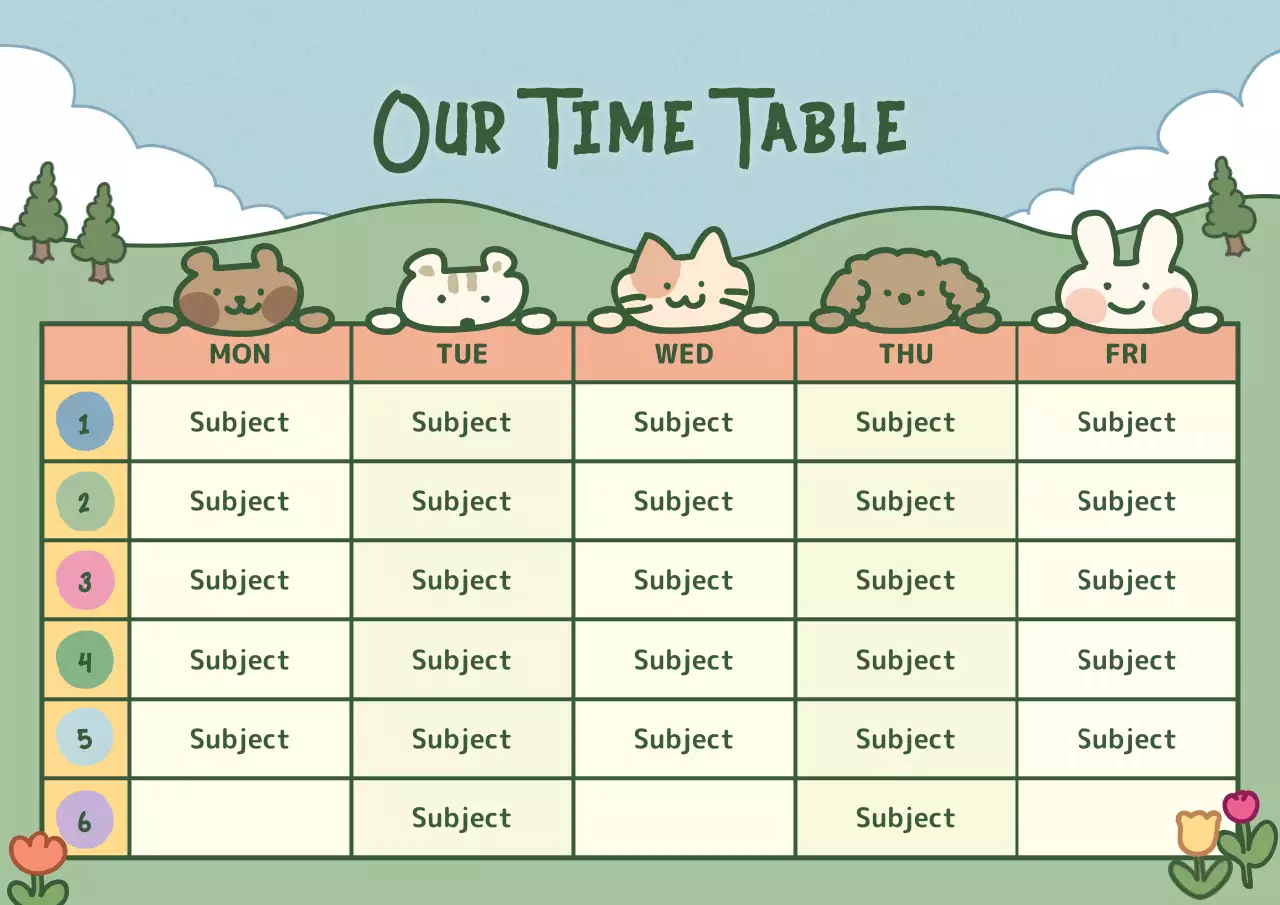 Timetable with cute illustrations in light blue-green colors