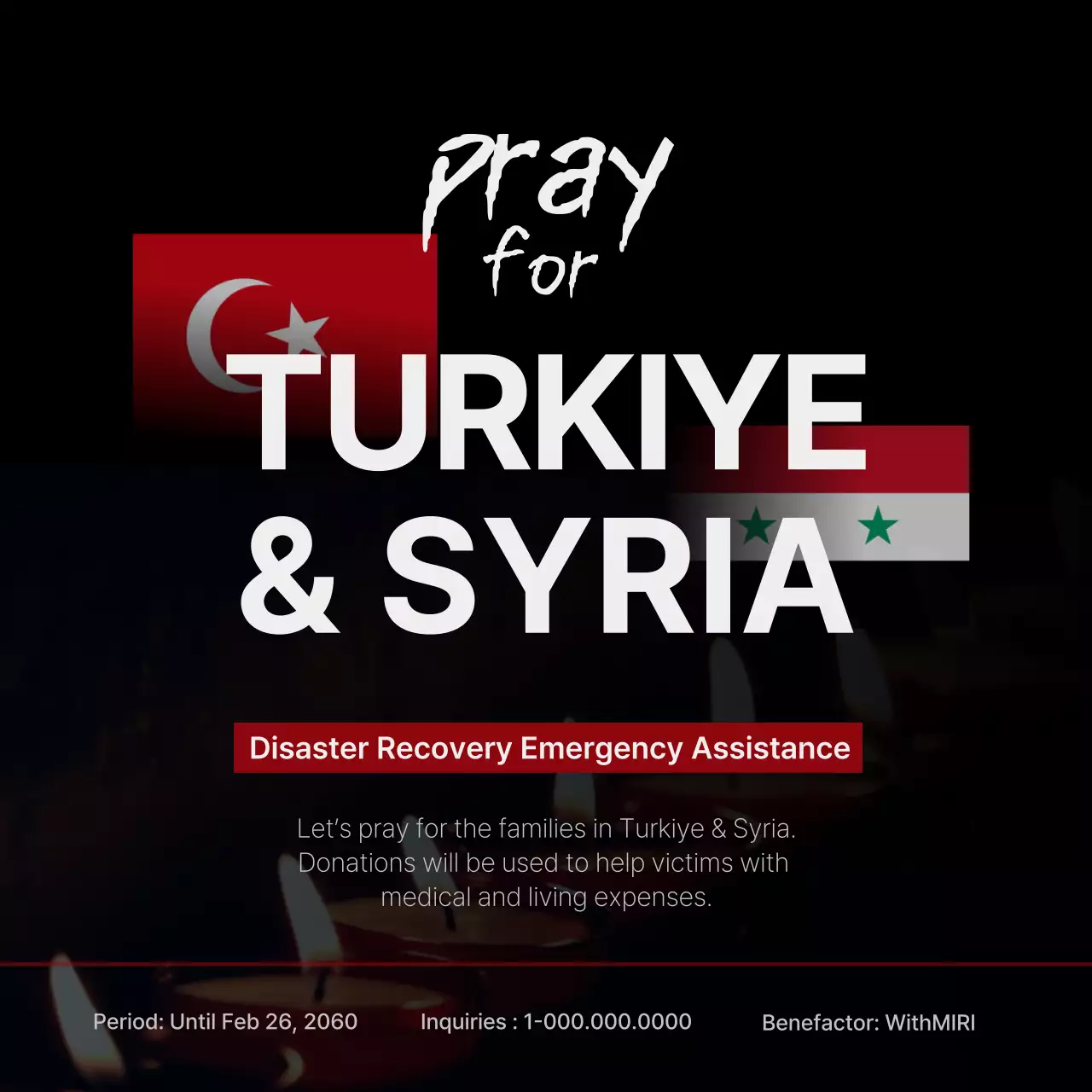 Emergency support for disaster damage recovery with candlelight and national flags highlighted