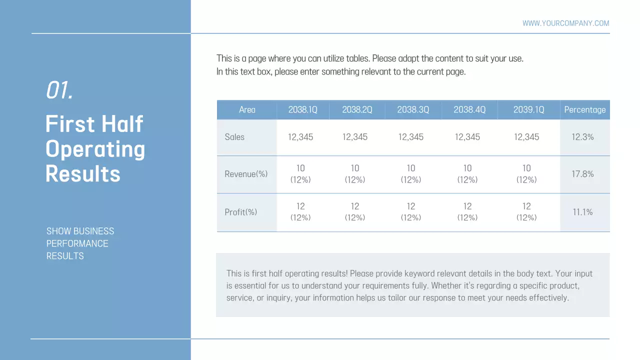 The gray and blue corporate first half earnings release