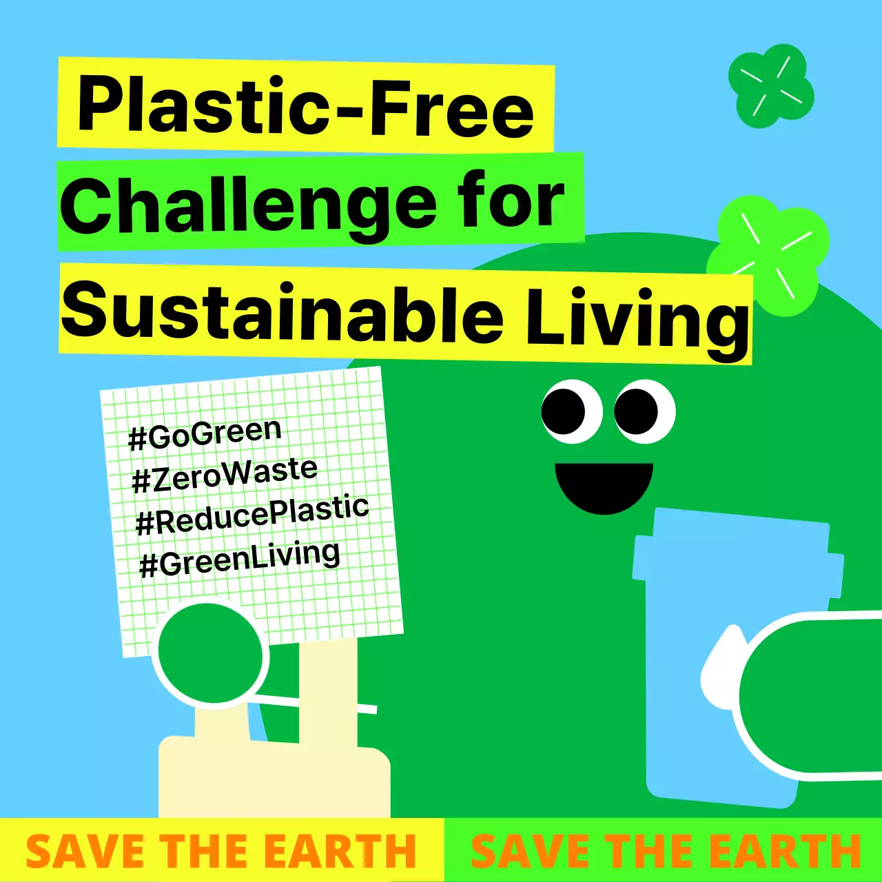 귀여운 캐릭터가 있는 하늘색과 초록색의 플라스틱 프리 챌린지