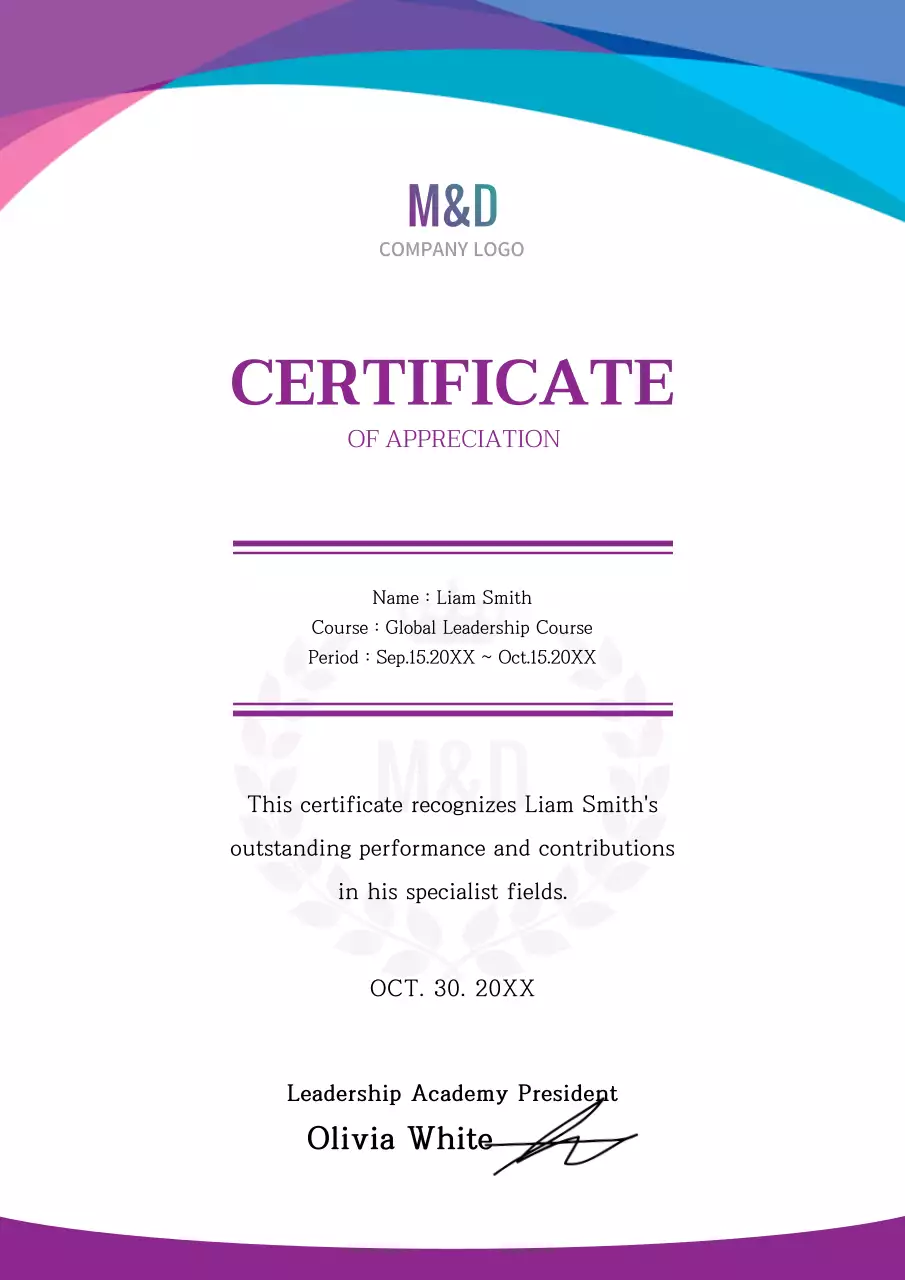 Simple corporate training certificate with blue-purple gradient