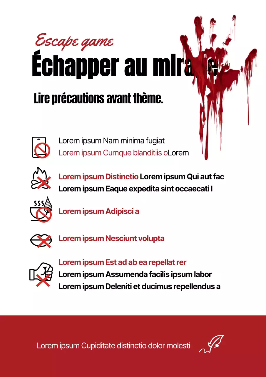 Affiche d'avertissement pour un jeu d'évasion rouge, effrayant et horrifiant
