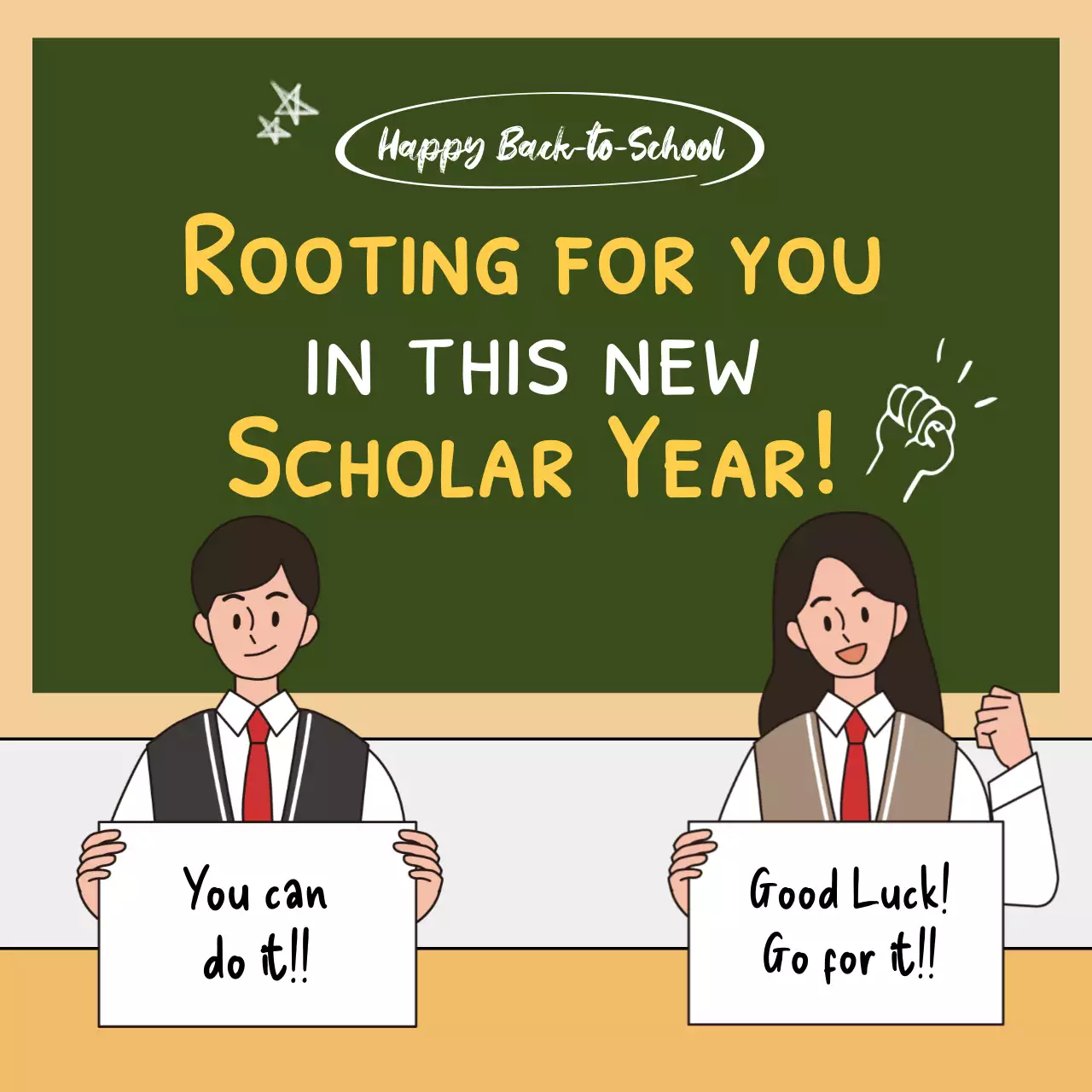 New semester student cheer phrase in green classroom blackboard writing concept