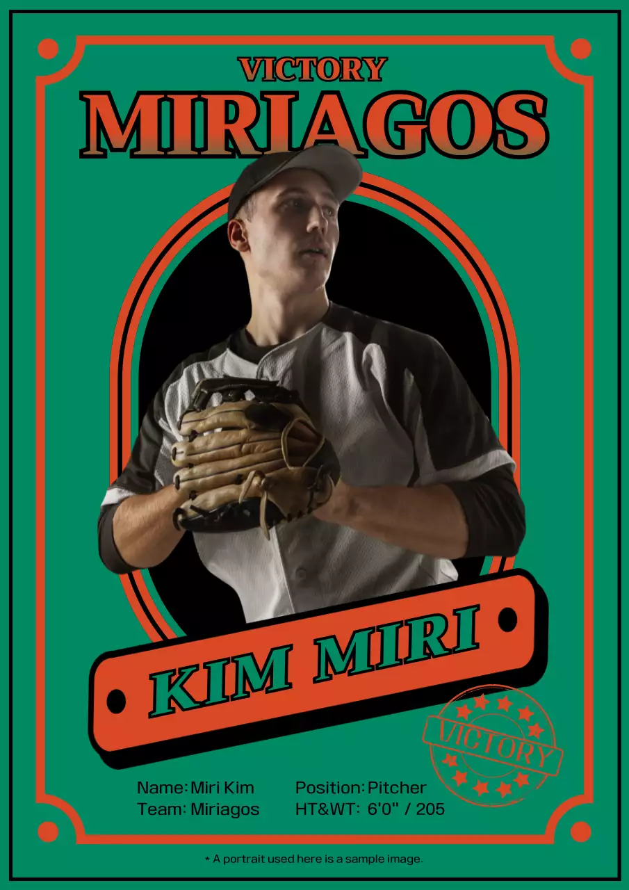Promote a baseball player with a retro orange and green frame accent
