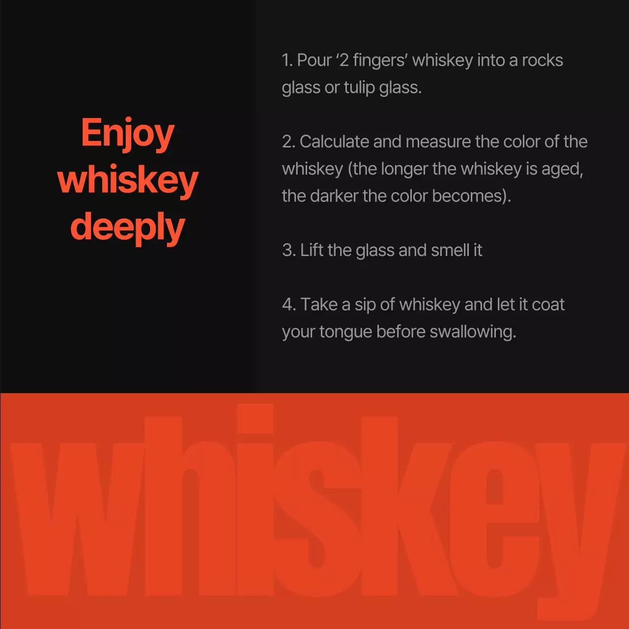 Promote a simple orange and black color scheme for whiskey varieties