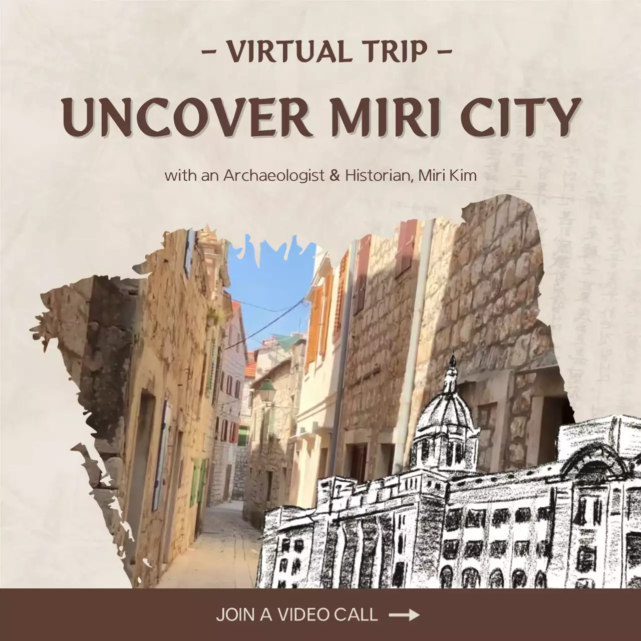 갈색의 전통적인 역사 여행 라이브 방송 안내