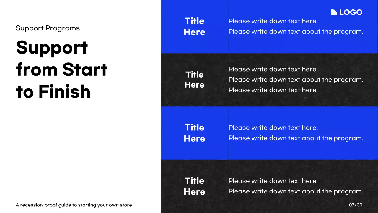 A guide to starting a store with white, blue, and black colors and a grid layout.