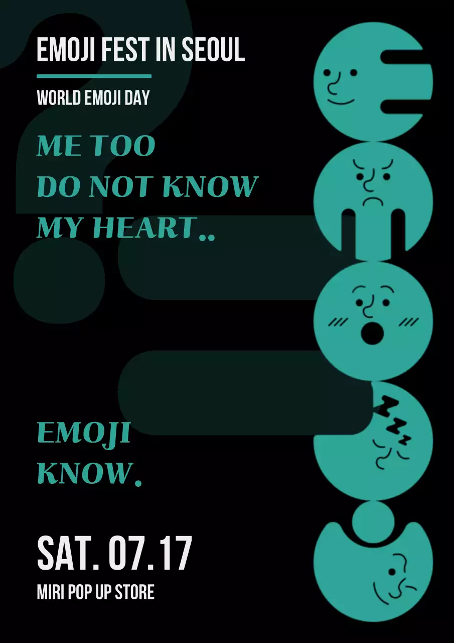 이모지는 답을 알고 있다. 검은 배경 속 민트 색상의 이모지