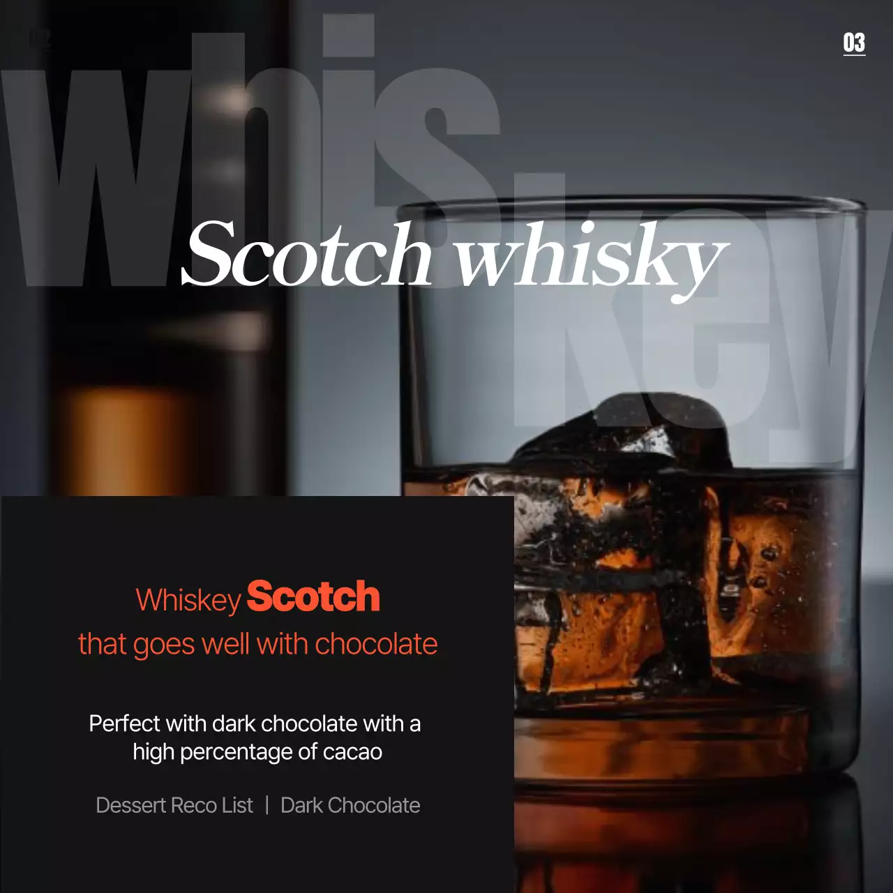 Promote a simple orange and black color scheme for whiskey varieties