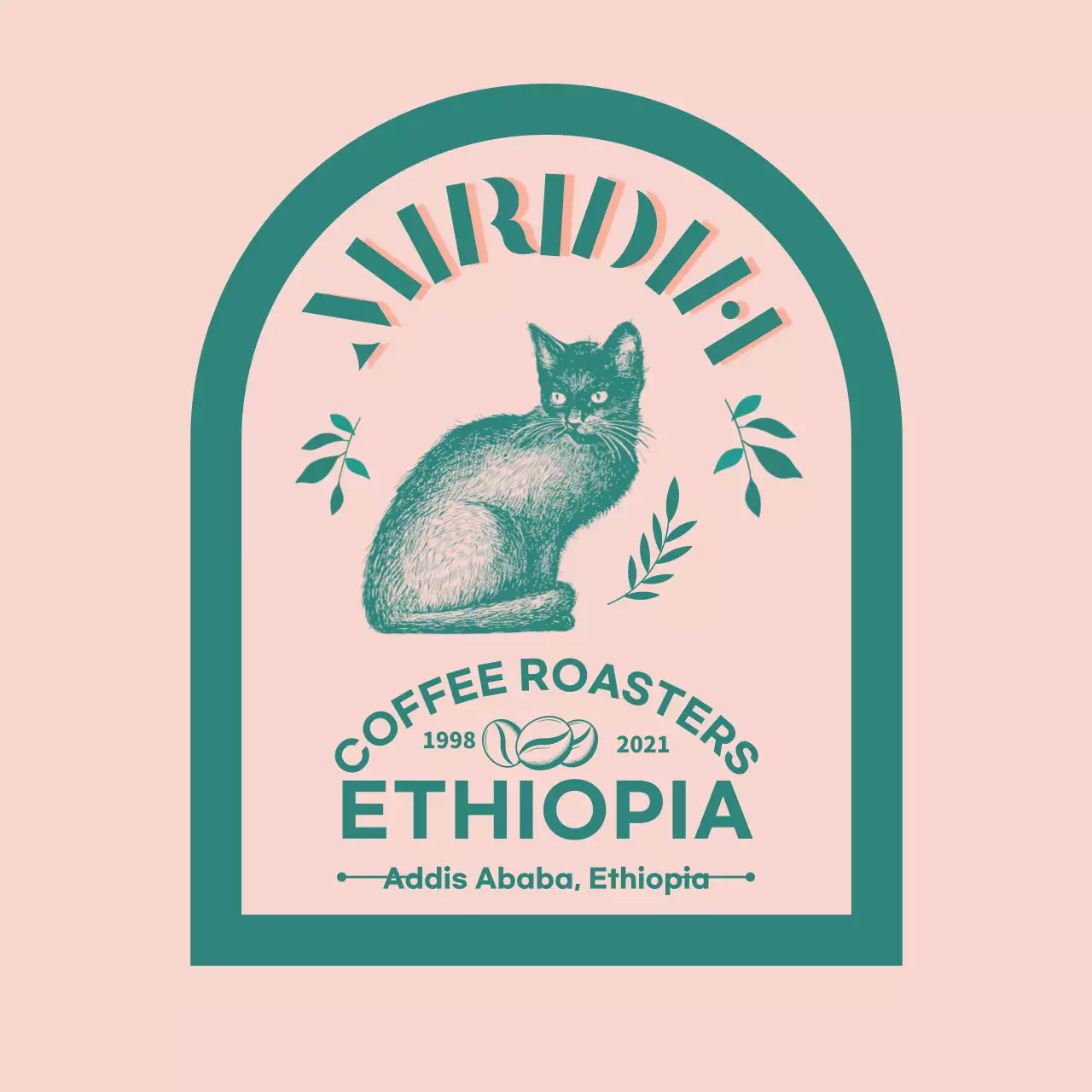 Panduan untuk merek dan biji kopi dengan desain tipografi hijau dan merah muda