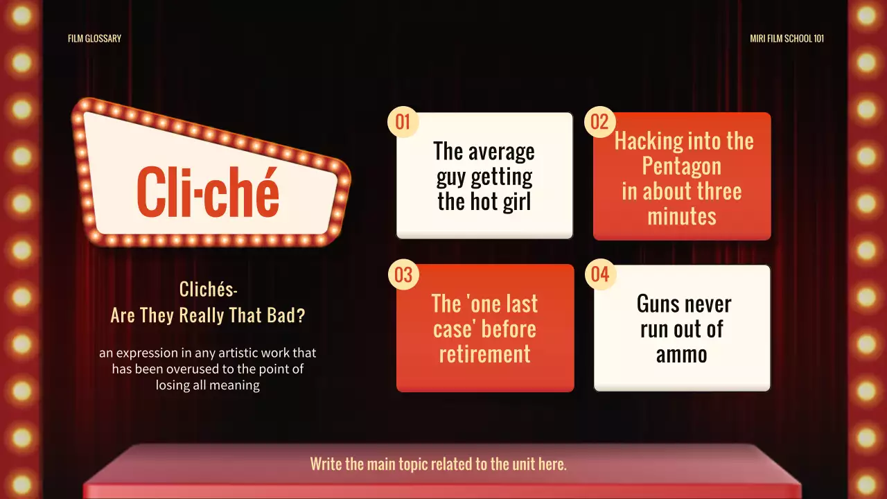 Memperkenalkan terminologi film dengan tanda merah dan konsep panggung teater yang penuh warna