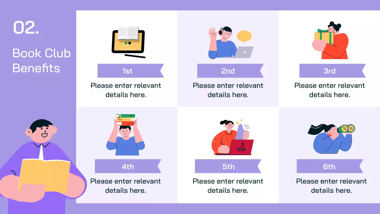 A bookshelf theme featuring human illustrations on a simple purple and blue background.