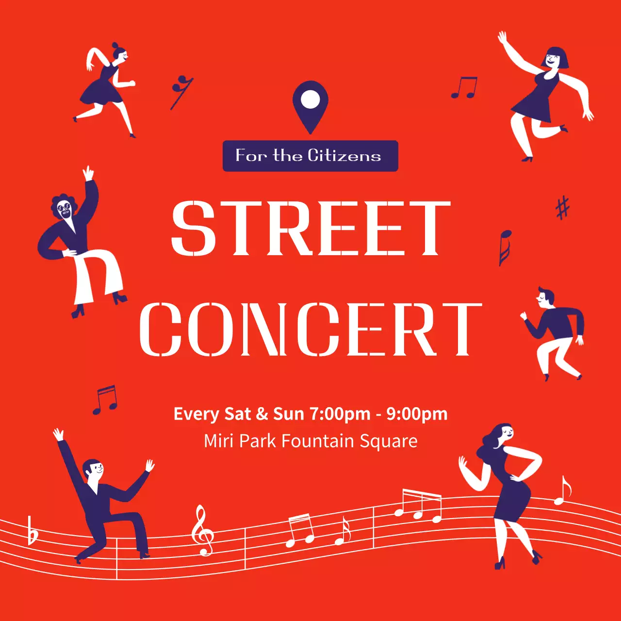 Street concert poster with orange navy blue tones