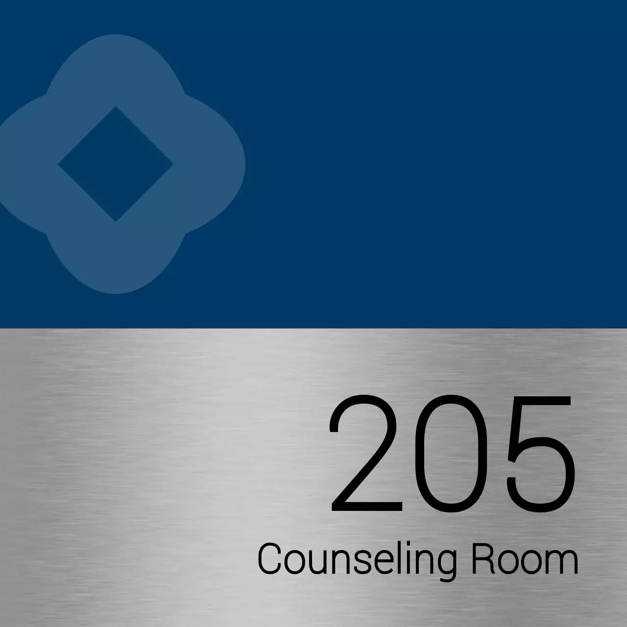 College classroom names with simple blue and black shapes as accents