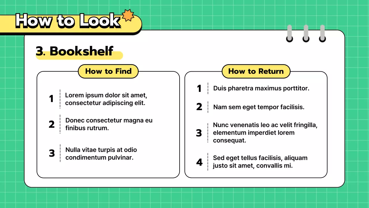 초록색과 노란색 귀여운 깔끔한 그리드의 도서관 교육용 메뉴얼