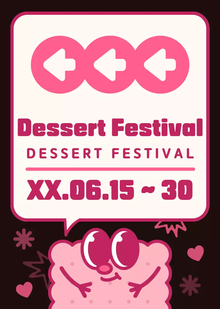 Sự kết hợp của màu nâu và hồng, các nhân vật bánh quy tròn dễ thương và phong cách minh họa bong bóng lời thoại Chỉ đường đến lễ hội tráng miệng. 