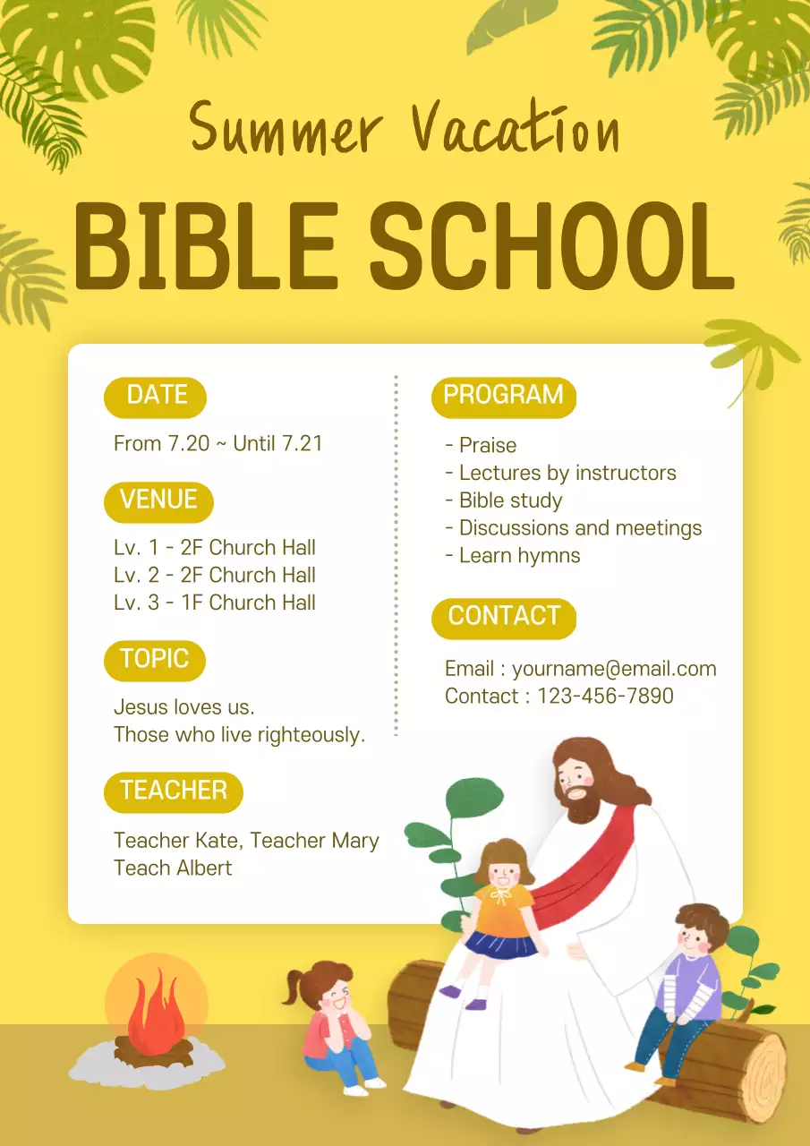 Yellow Simple Bible School Announcement Poster