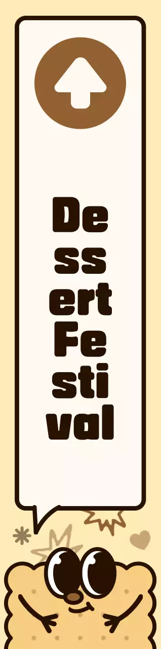 Kombinasi warna coklat dan merah muda Karakter kue yang lucu dan gaya ilustrasi gelembung ucapan Petunjuk arah ke festival makanan penutup