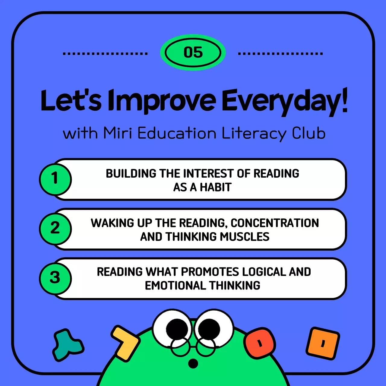 Character concept literacy test in green and blue