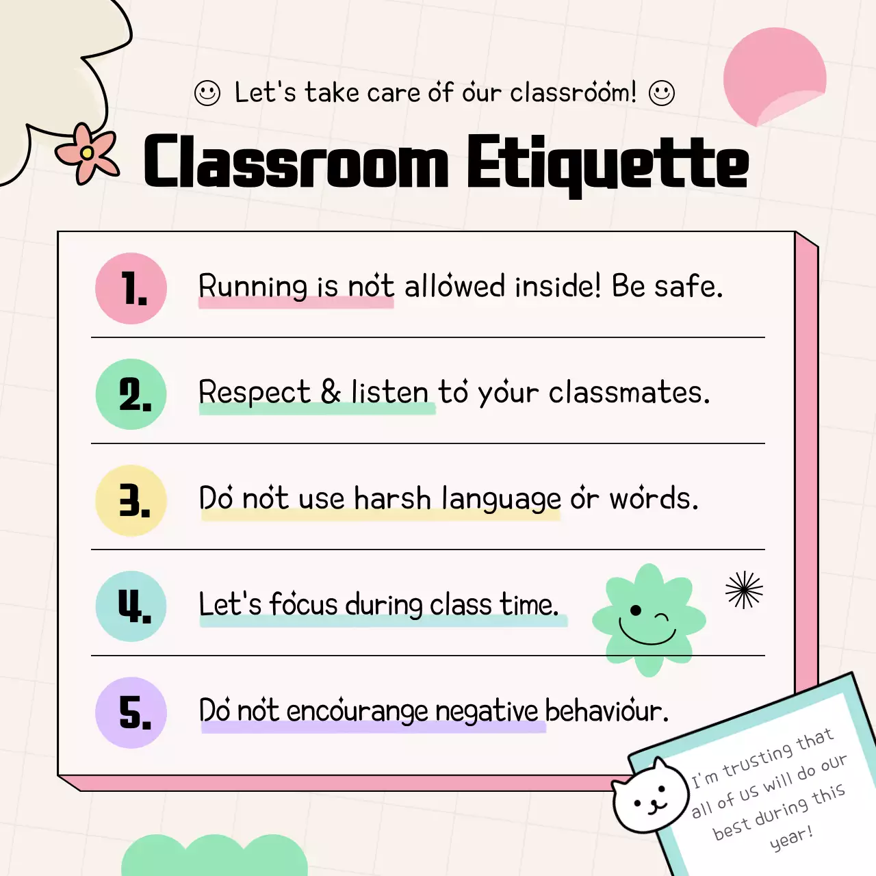 Promotional materials for class rules with yellow and colorful cute graffiti