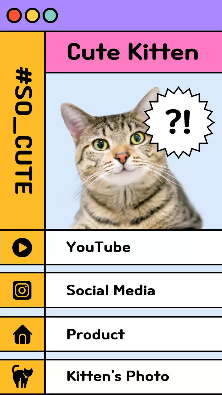 보라색과 노란색의 키치한 고양이 사진의 인터넷창 컨셉