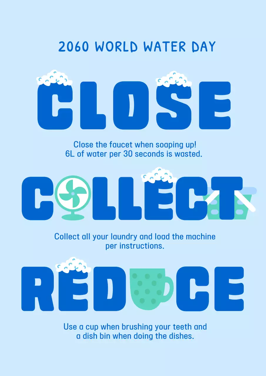 Water Day campaign poster with simple pictogram concept in blue light blue mint color