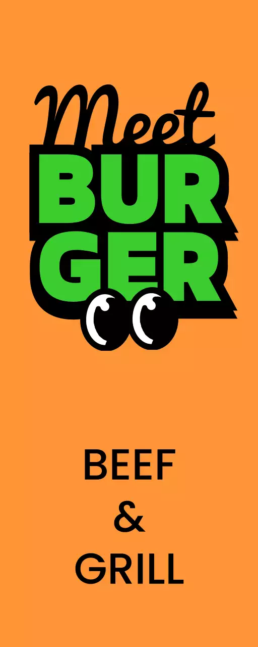 Papan nama toko yang unik dengan tulisan burger daging warna-warni dan karakter burger yang lucu